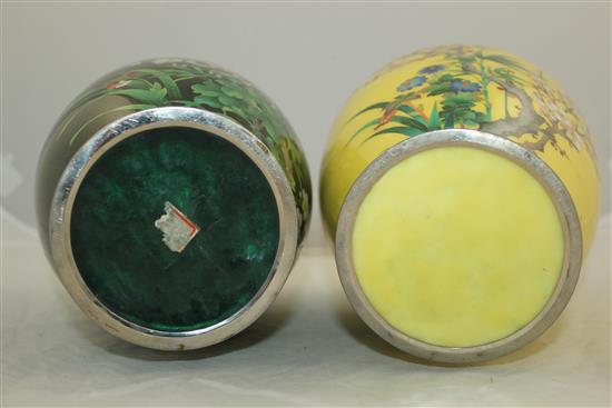 Two Japanese cloisonne enamel ovoid vases, mid 20th century, both 24.5cm, some damage, wood stands